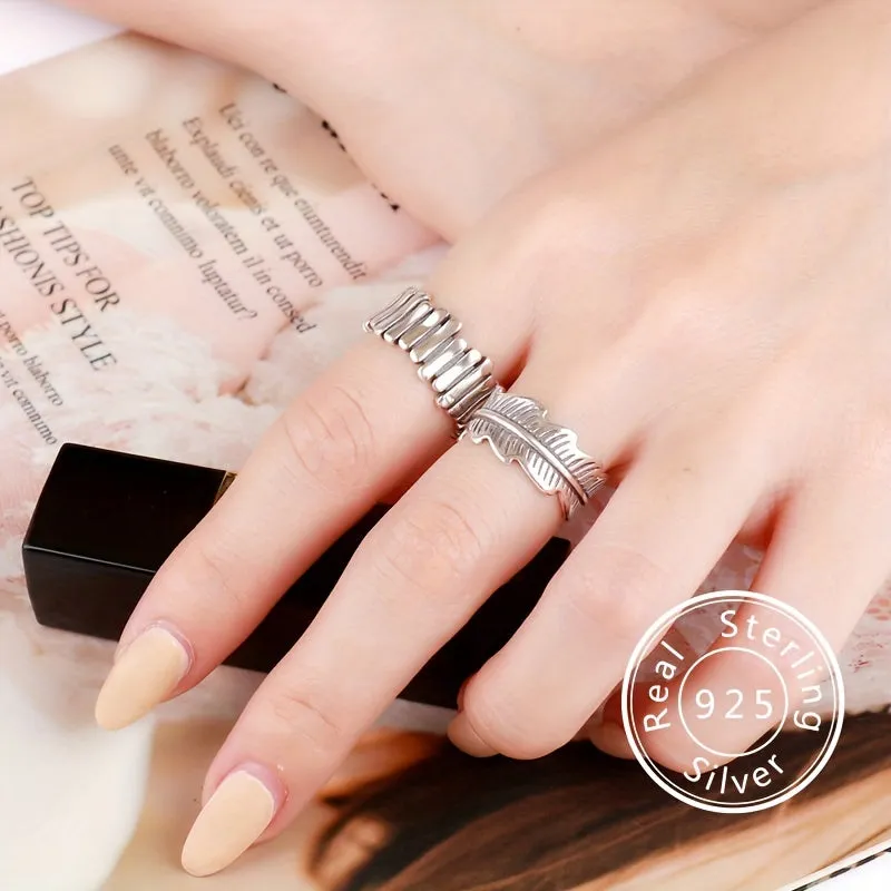 925 Silver Feather Adjustable Ring for Women