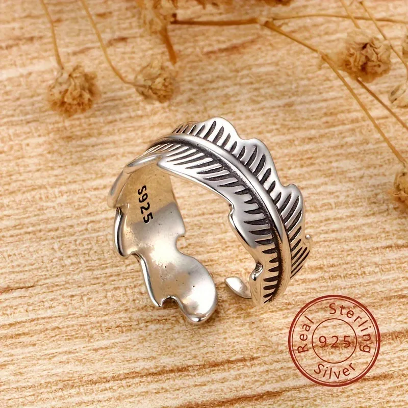 925 Silver Feather Adjustable Ring for Women