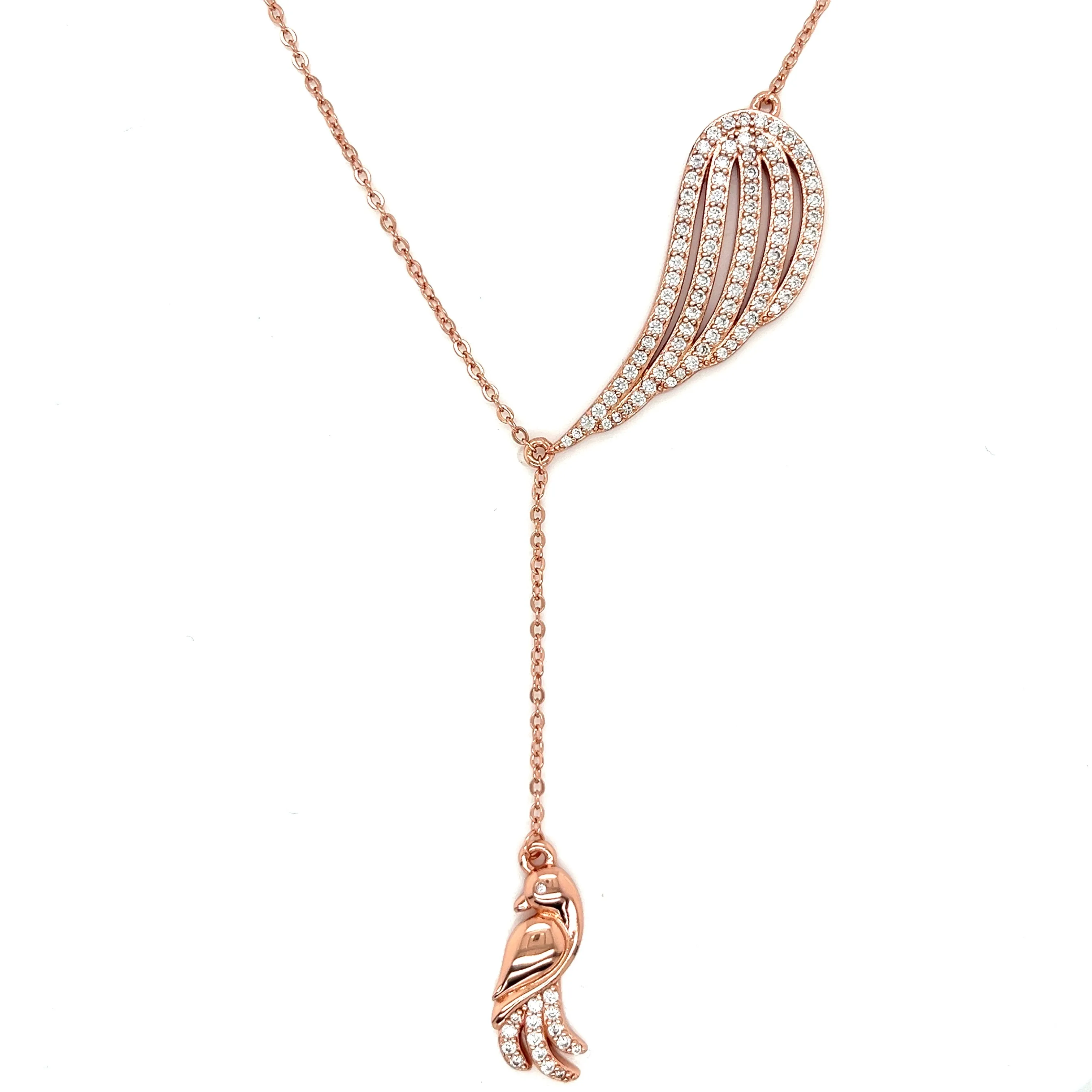 925 Sterling Silver Cubic Zirconia Feather Bird Necklace