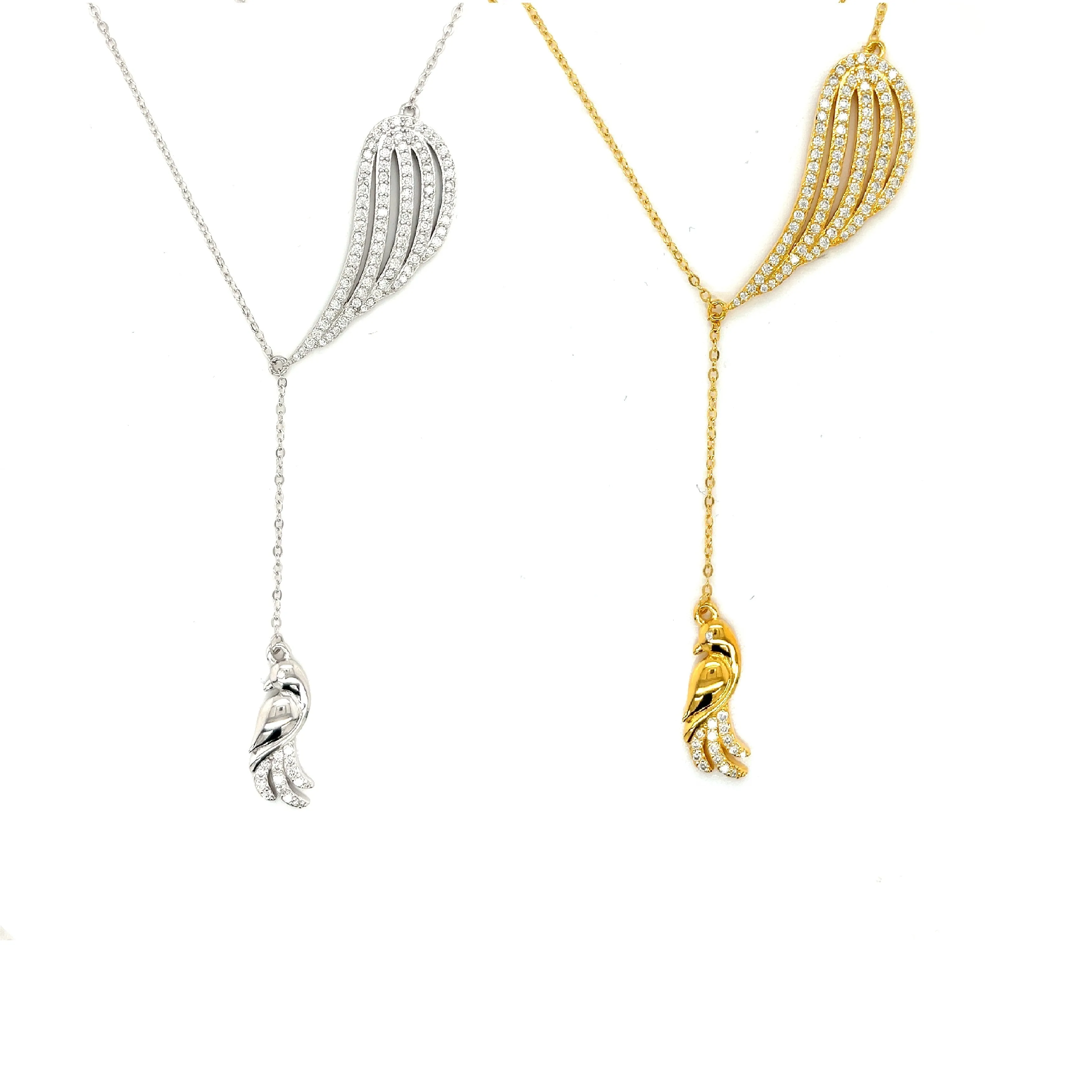 925 Sterling Silver Cubic Zirconia Feather Bird Necklace