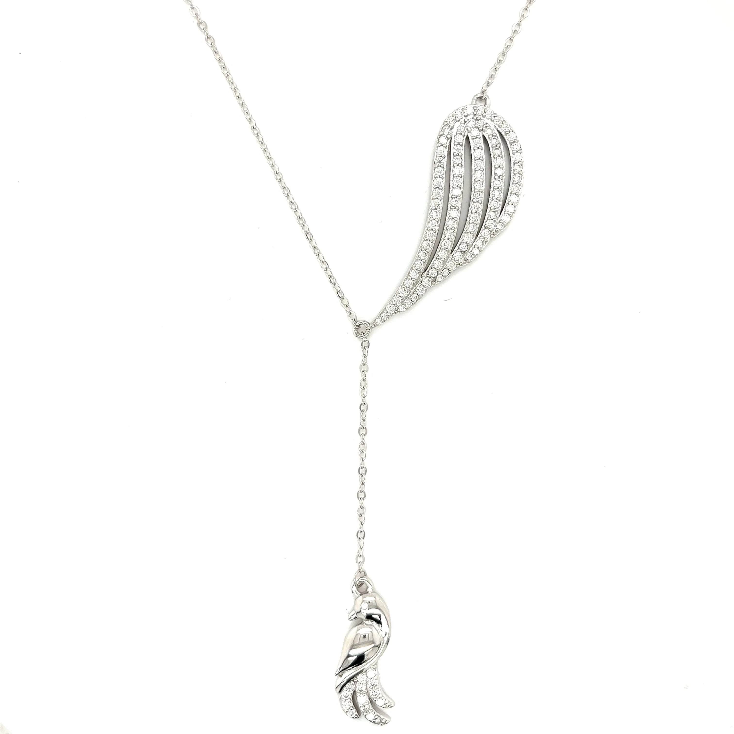 925 Sterling Silver Cubic Zirconia Feather Bird Necklace