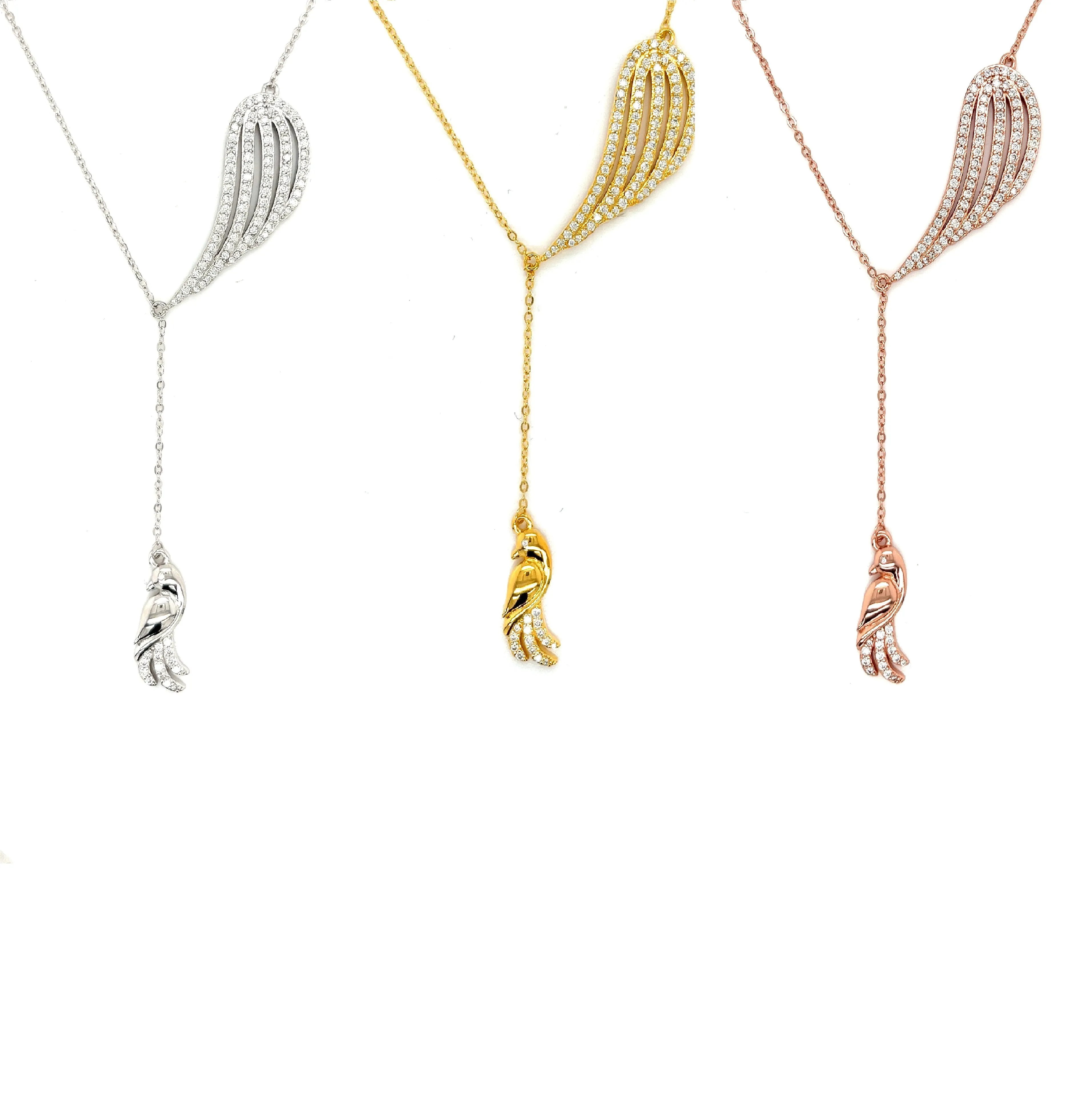 925 Sterling Silver Cubic Zirconia Feather Bird Necklace