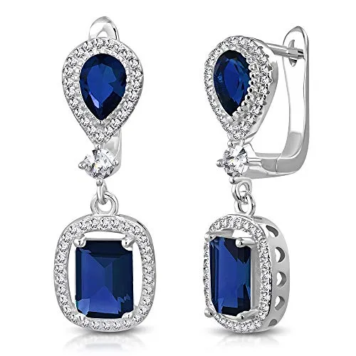 925 Sterling Silver Rectangular Teardrop Red Ruby-Tone CZ Drop Dangle Earrings, 1.2"