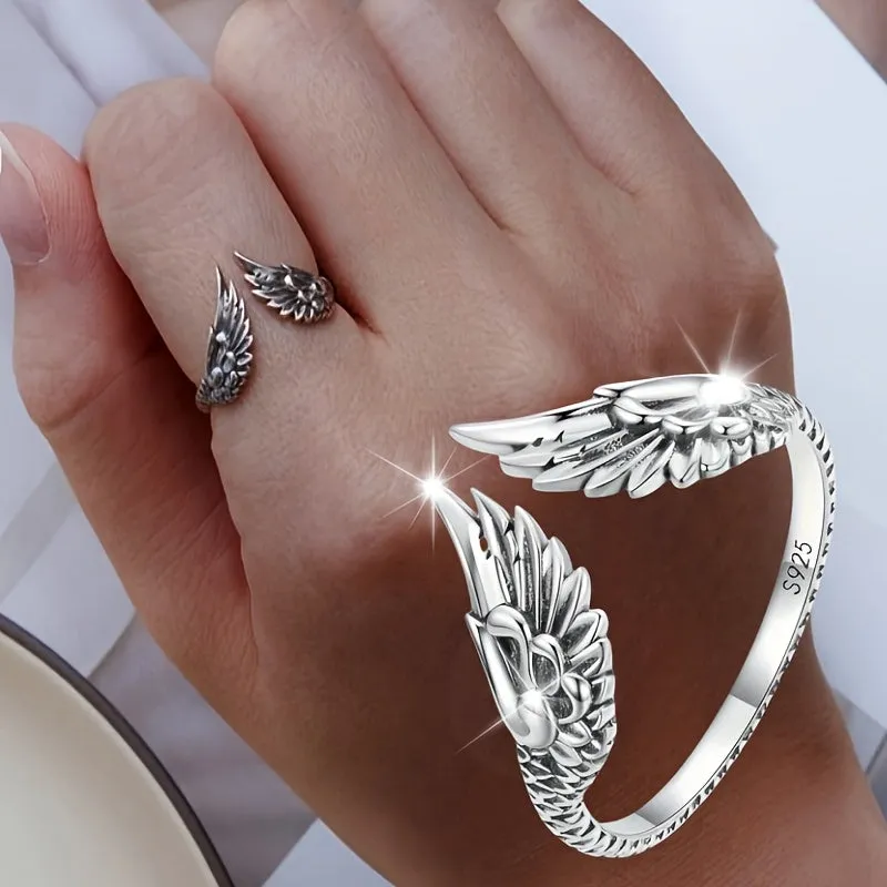 925 Sterling Silver Vintage Feather Open Ring Hip Hop Jewelry Ideal Gift