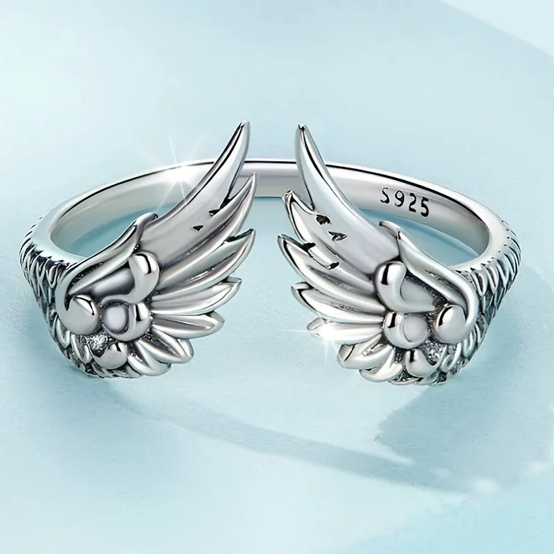 925 Sterling Silver Vintage Feather Open Ring Hip Hop Jewelry Ideal Gift