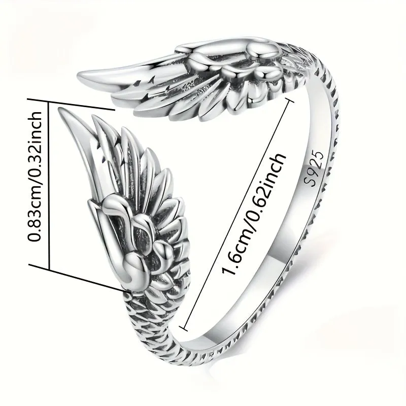925 Sterling Silver Vintage Feather Open Ring Hip Hop Jewelry Ideal Gift