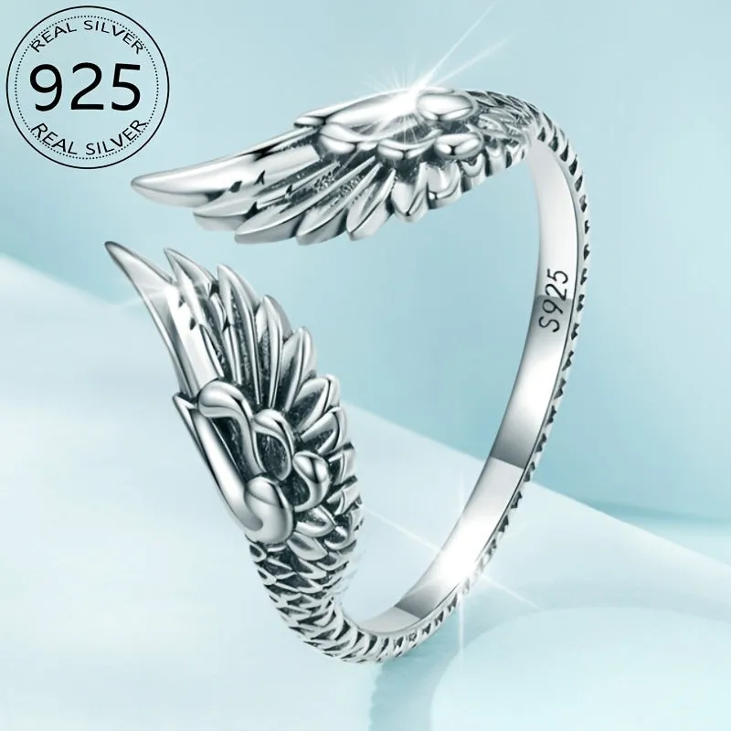 925 Sterling Silver Vintage Feather Open Ring Hip Hop Jewelry Ideal Gift