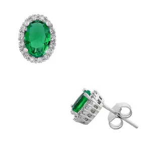 925 Sterling Silver Womens Girls Oval Emerald-Tone Green White CZ Stud Earrings