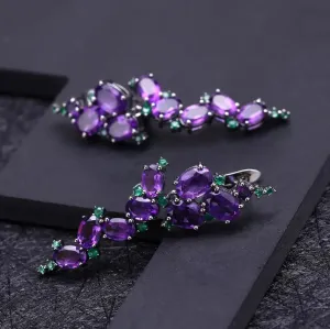 9.78Ct Natural Amethyst Gemstone Clip Earrings – 925 Sterling Silver Vintage Gothic Punk