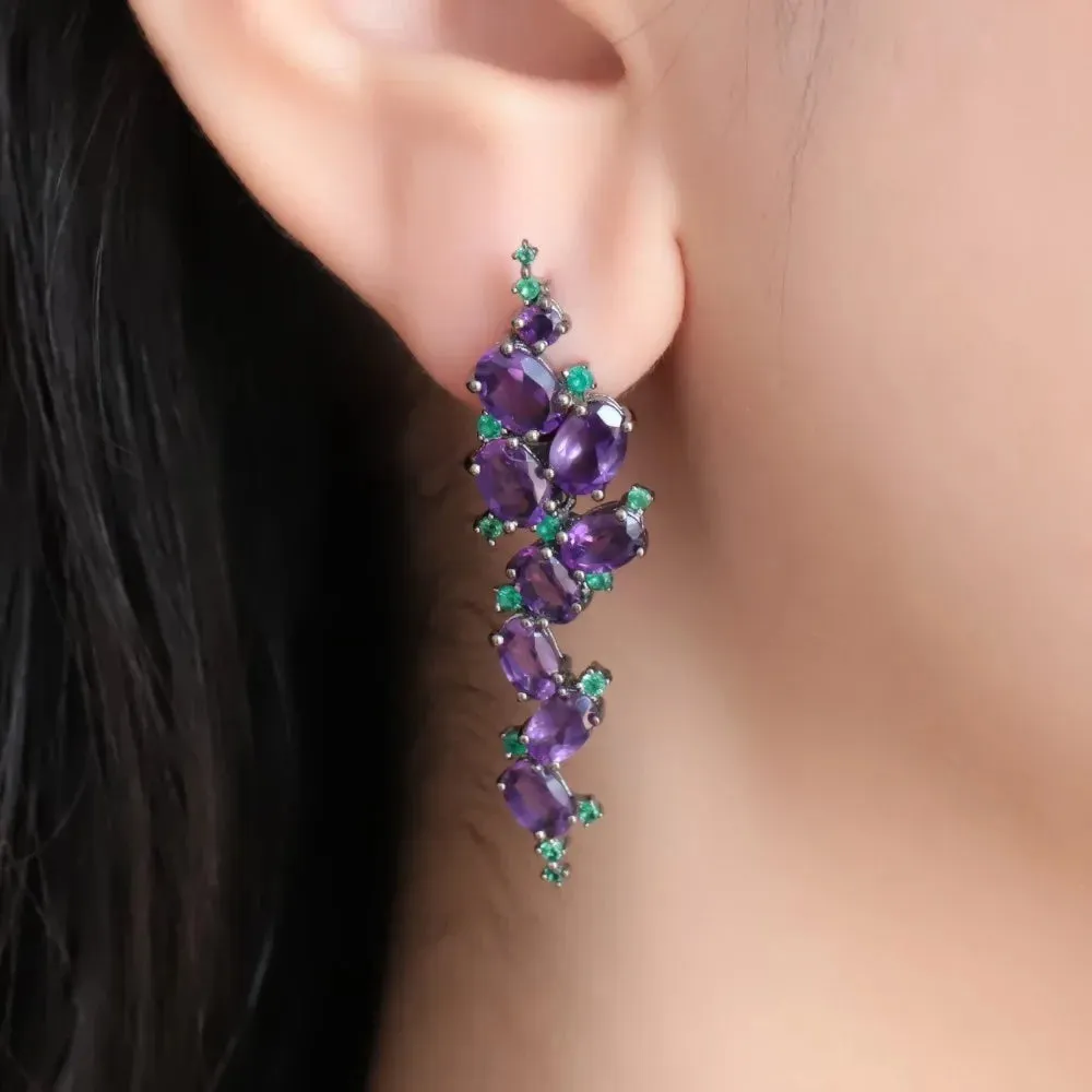 9.78Ct Natural Amethyst Gemstone Clip Earrings – 925 Sterling Silver Vintage Gothic Punk