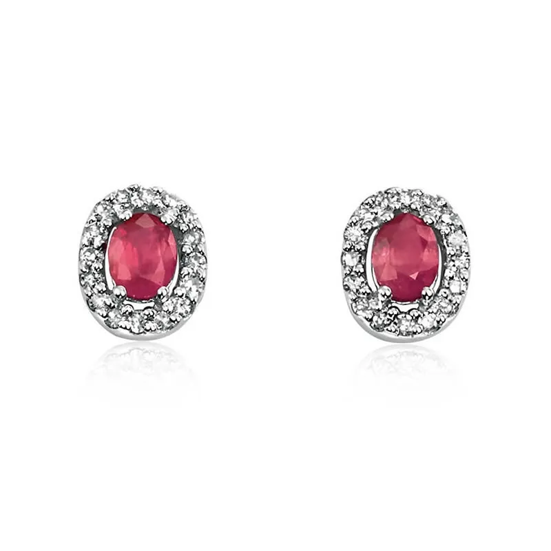 9ct White Gold Oval Ruby & Diamond Halo Stud Earrings
