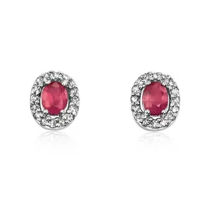 9ct White Gold Oval Ruby & Diamond Halo Stud Earrings