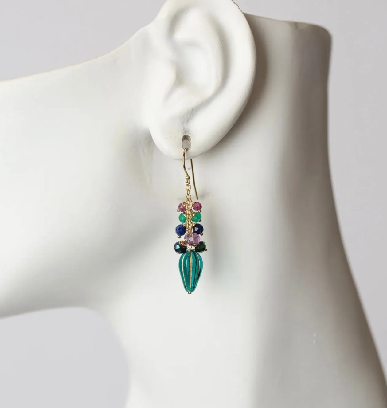 ANNE VAUGHAN MASQUERADE GREEN ONYX, RUBY, LAPIS DANGLE EARRINGS