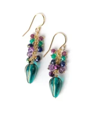 ANNE VAUGHAN MASQUERADE GREEN ONYX, RUBY, LAPIS DANGLE EARRINGS