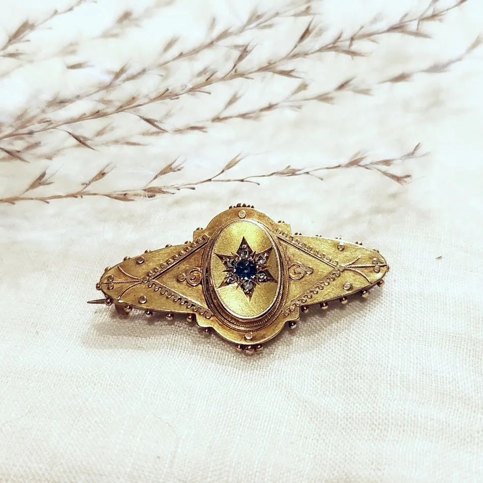 Antique 9ct yellow gold sapphire and diamond brooch