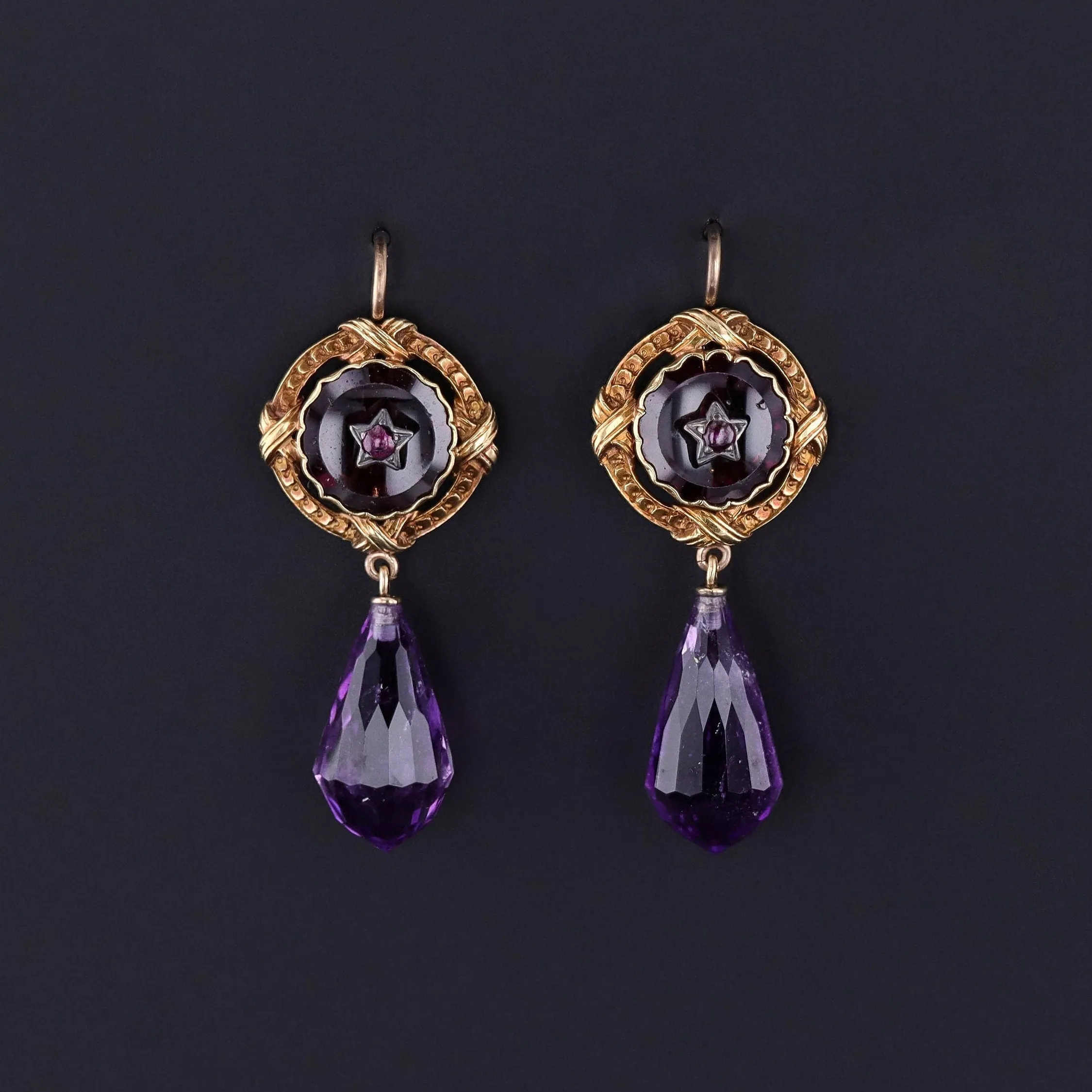 Antique Amethyst Briolette and Garnet Conversion Earrings of 18k Gold