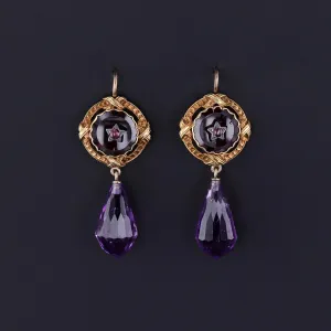 Antique Amethyst Briolette and Garnet Conversion Earrings of 18k Gold