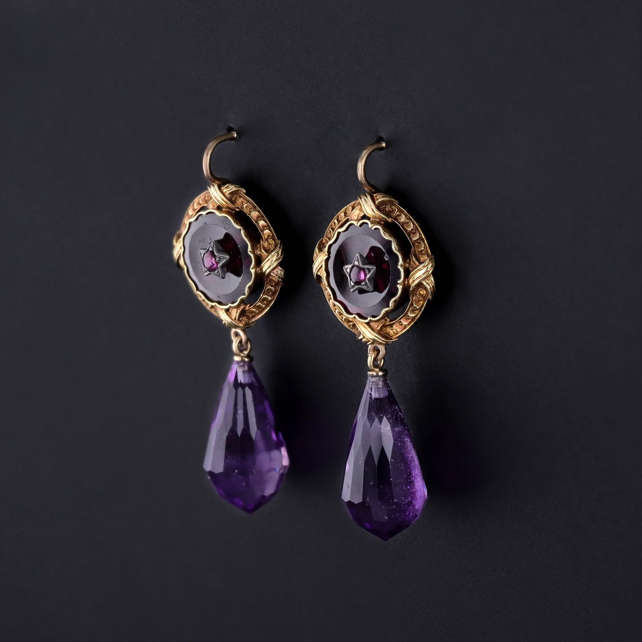 Antique Amethyst Briolette and Garnet Conversion Earrings of 18k Gold