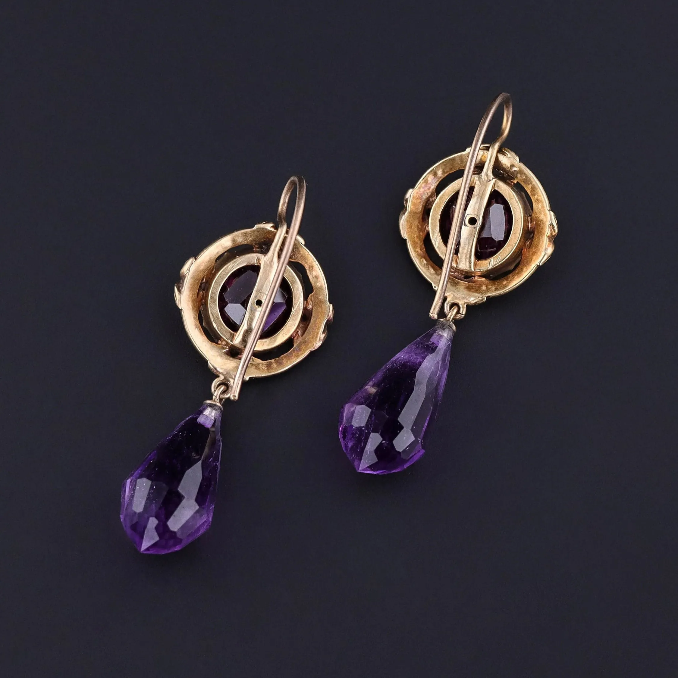 Antique Amethyst Briolette and Garnet Conversion Earrings of 18k Gold