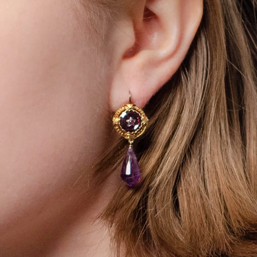 Antique Amethyst Briolette and Garnet Conversion Earrings of 18k Gold