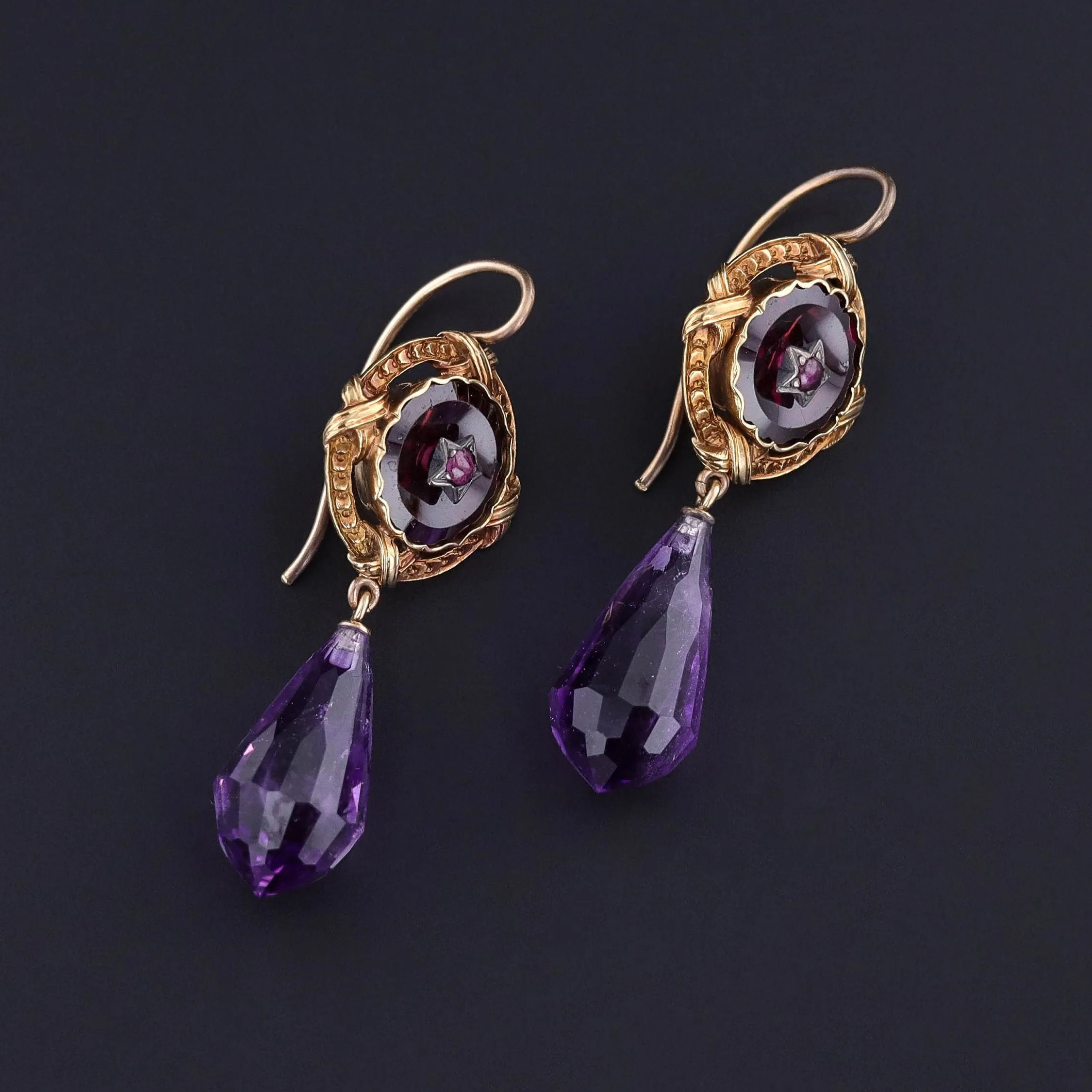 Antique Amethyst Briolette and Garnet Conversion Earrings of 18k Gold