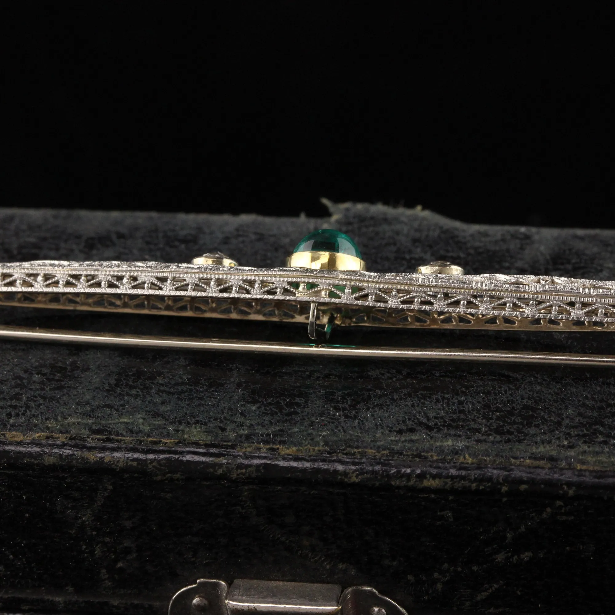 Antique Art Deco 14K White Gold Old Euro Diamond Emerald Filigree Pin
