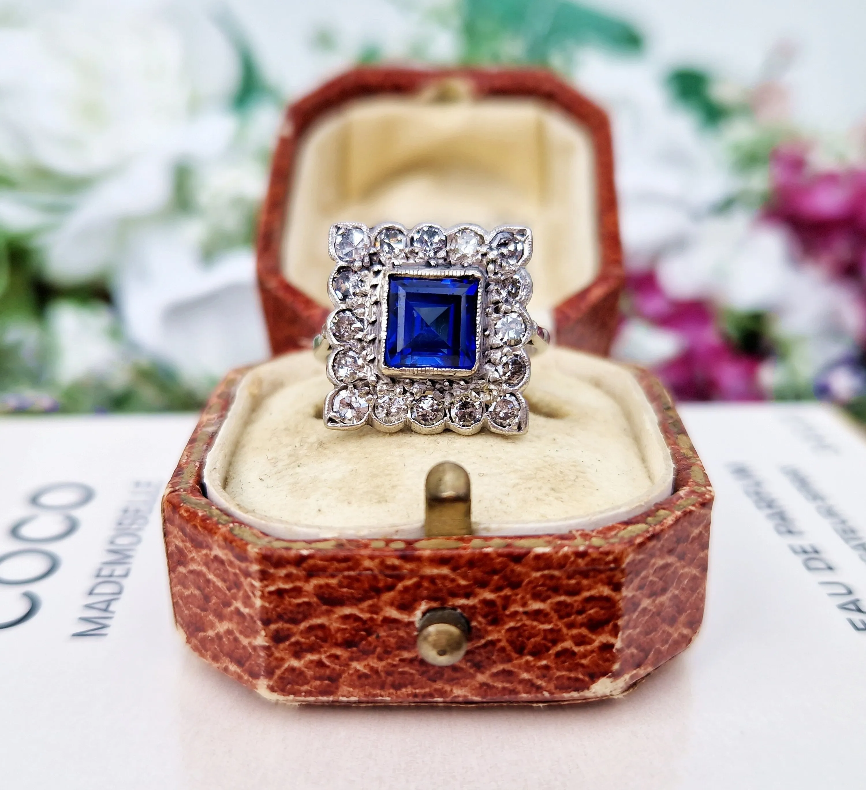 Antique Art Deco 18ct White Gold Blue Sapphire and 1.28cts Diamond Square Statement Cluster Ring / Size O or 7.5