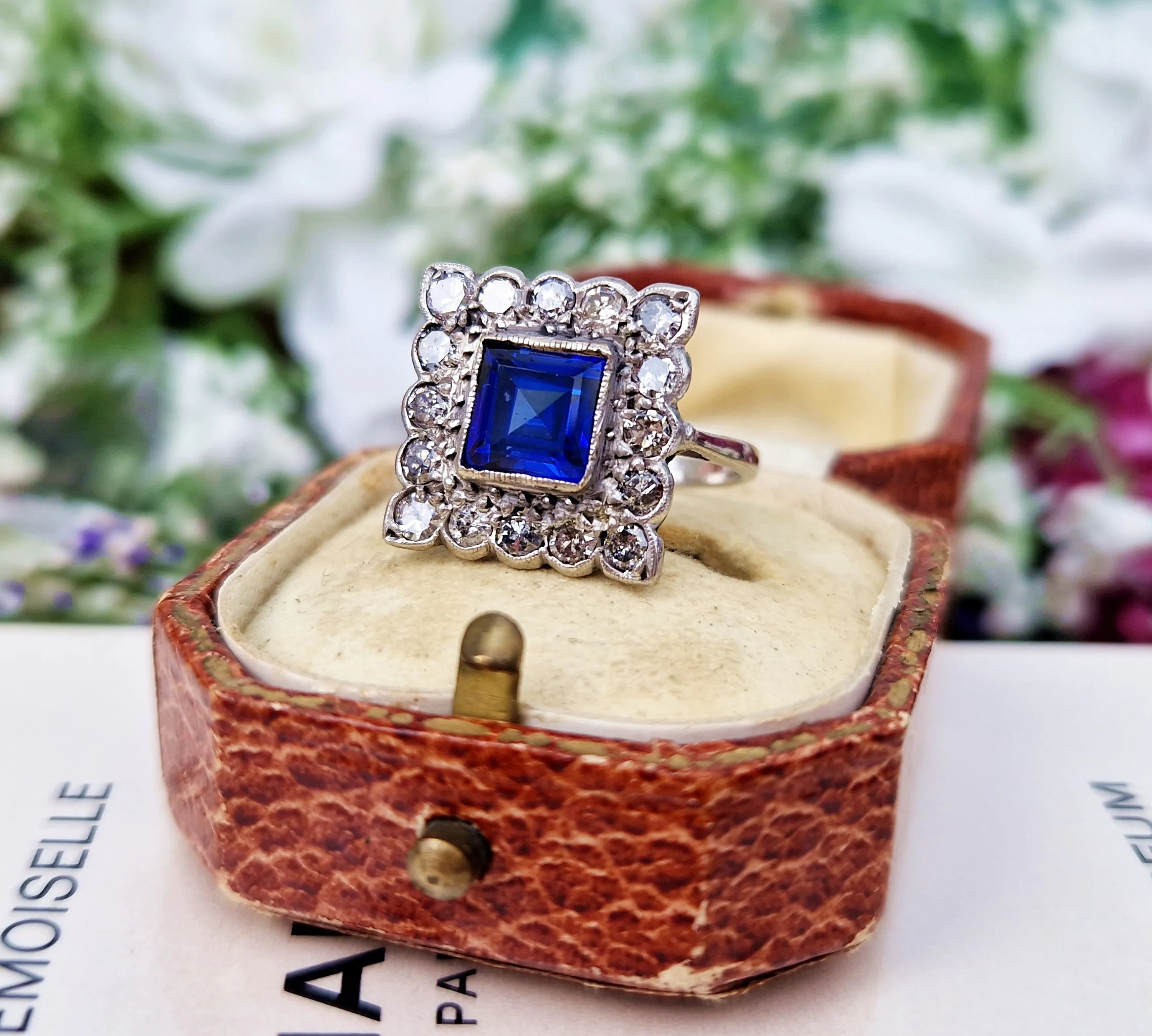 Antique Art Deco 18ct White Gold Blue Sapphire and 1.28cts Diamond Square Statement Cluster Ring / Size O or 7.5