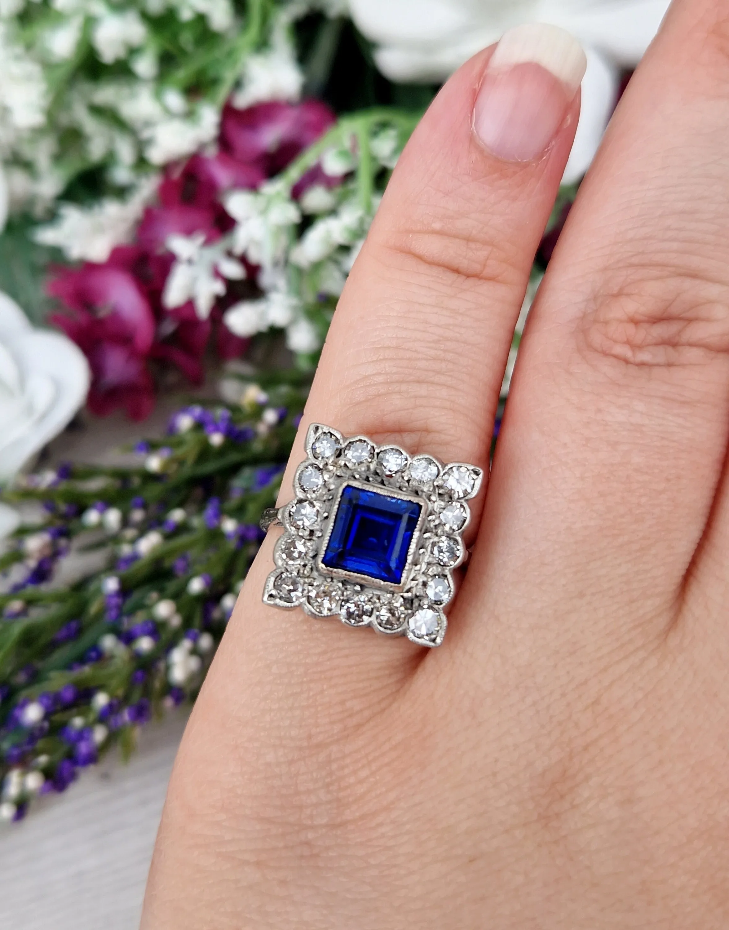 Antique Art Deco 18ct White Gold Blue Sapphire and 1.28cts Diamond Square Statement Cluster Ring / Size O or 7.5