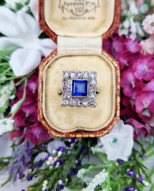 Antique Art Deco 18ct White Gold Blue Sapphire and 1.28cts Diamond Square Statement Cluster Ring / Size O or 7.5