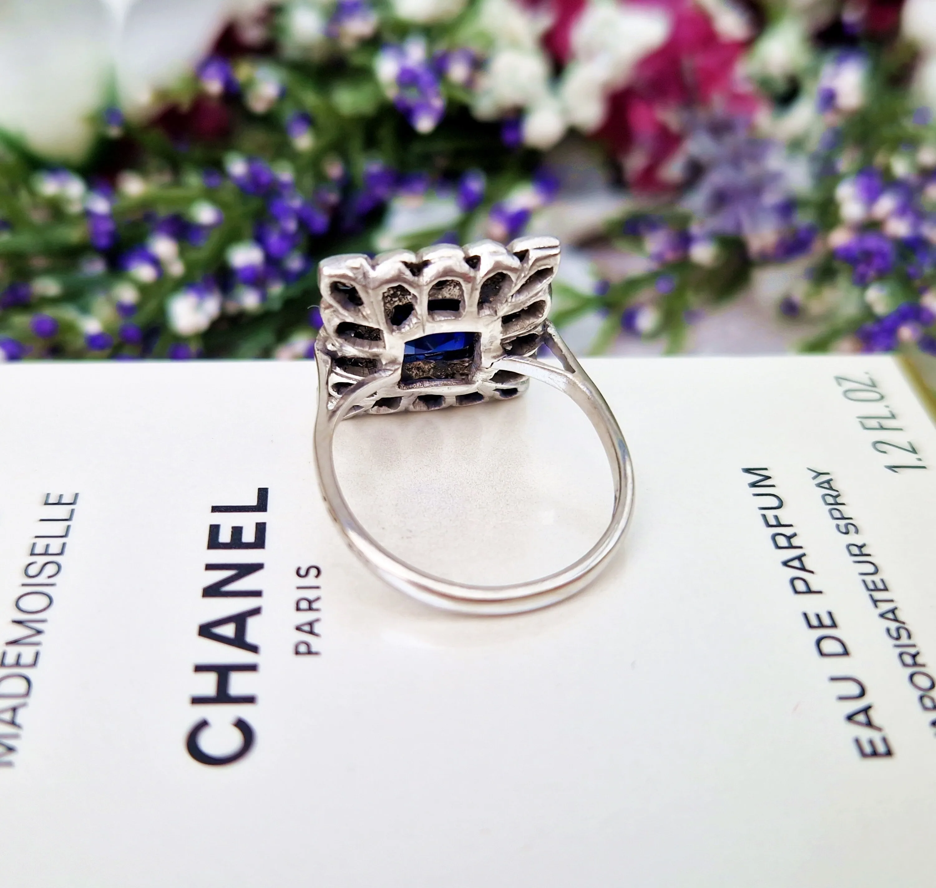 Antique Art Deco 18ct White Gold Blue Sapphire and 1.28cts Diamond Square Statement Cluster Ring / Size O or 7.5