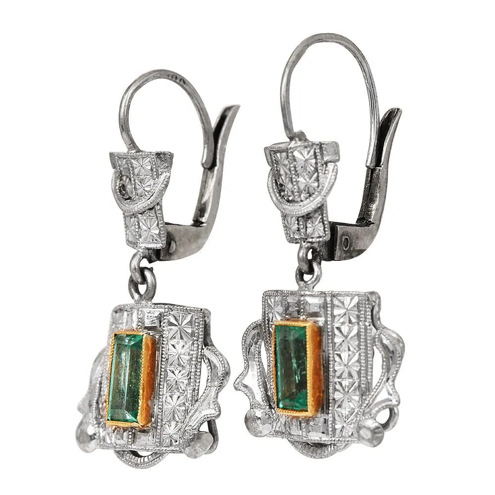 Antique Art Deco 18K Bicolor Gold Emerald Lever Back Drop Earrings