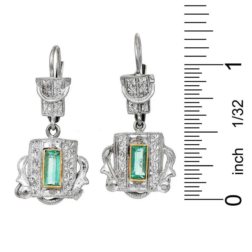 Antique Art Deco 18K Bicolor Gold Emerald Lever Back Drop Earrings