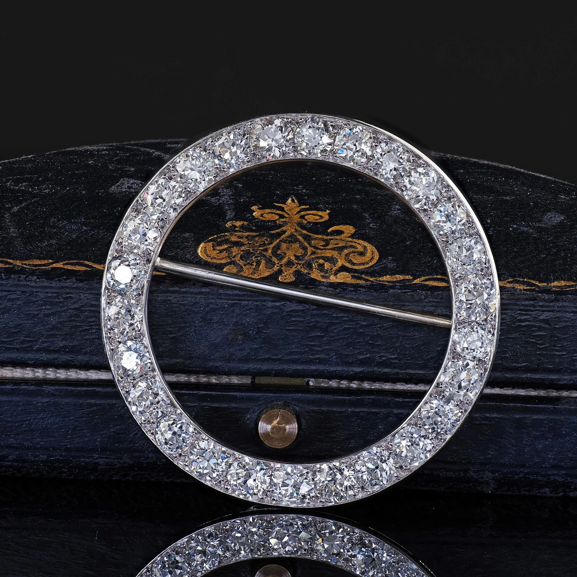 Antique Art Deco Platinum Old European Cut Diamond Circle Pin Brooch