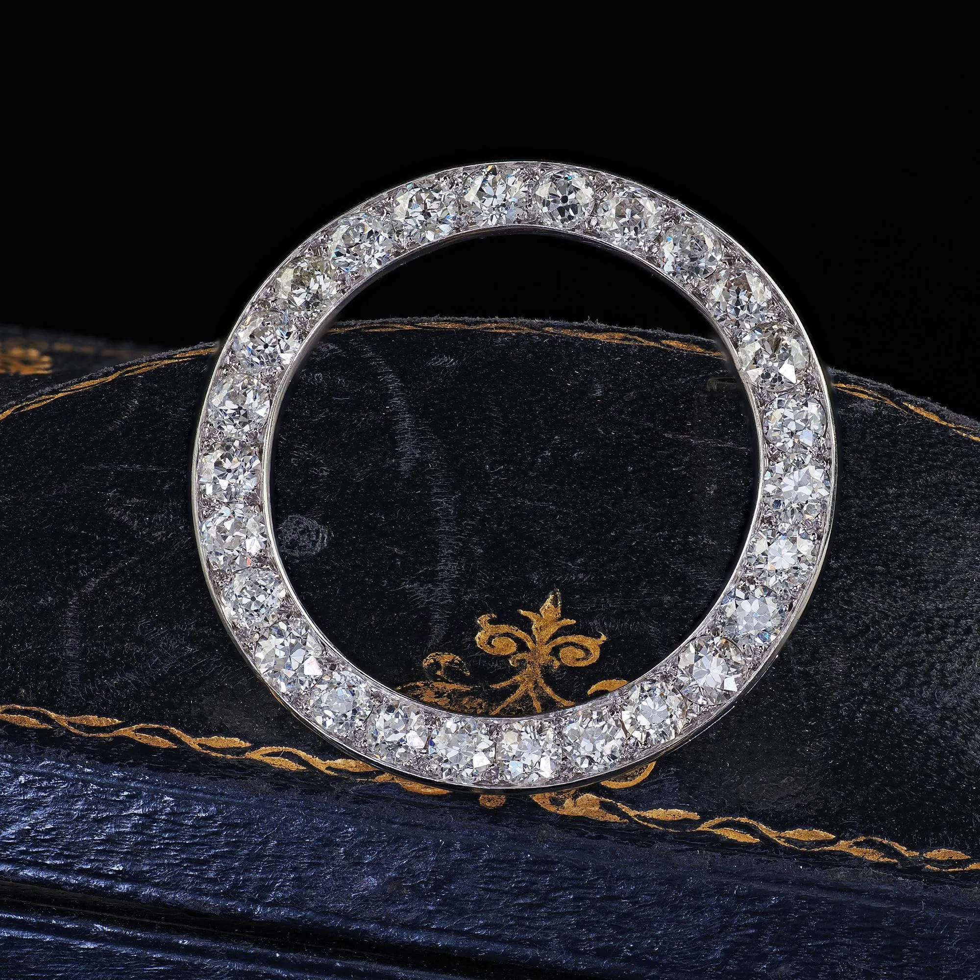 Antique Art Deco Platinum Old European Cut Diamond Circle Pin Brooch