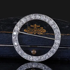 Antique Art Deco Platinum Old European Cut Diamond Circle Pin Brooch