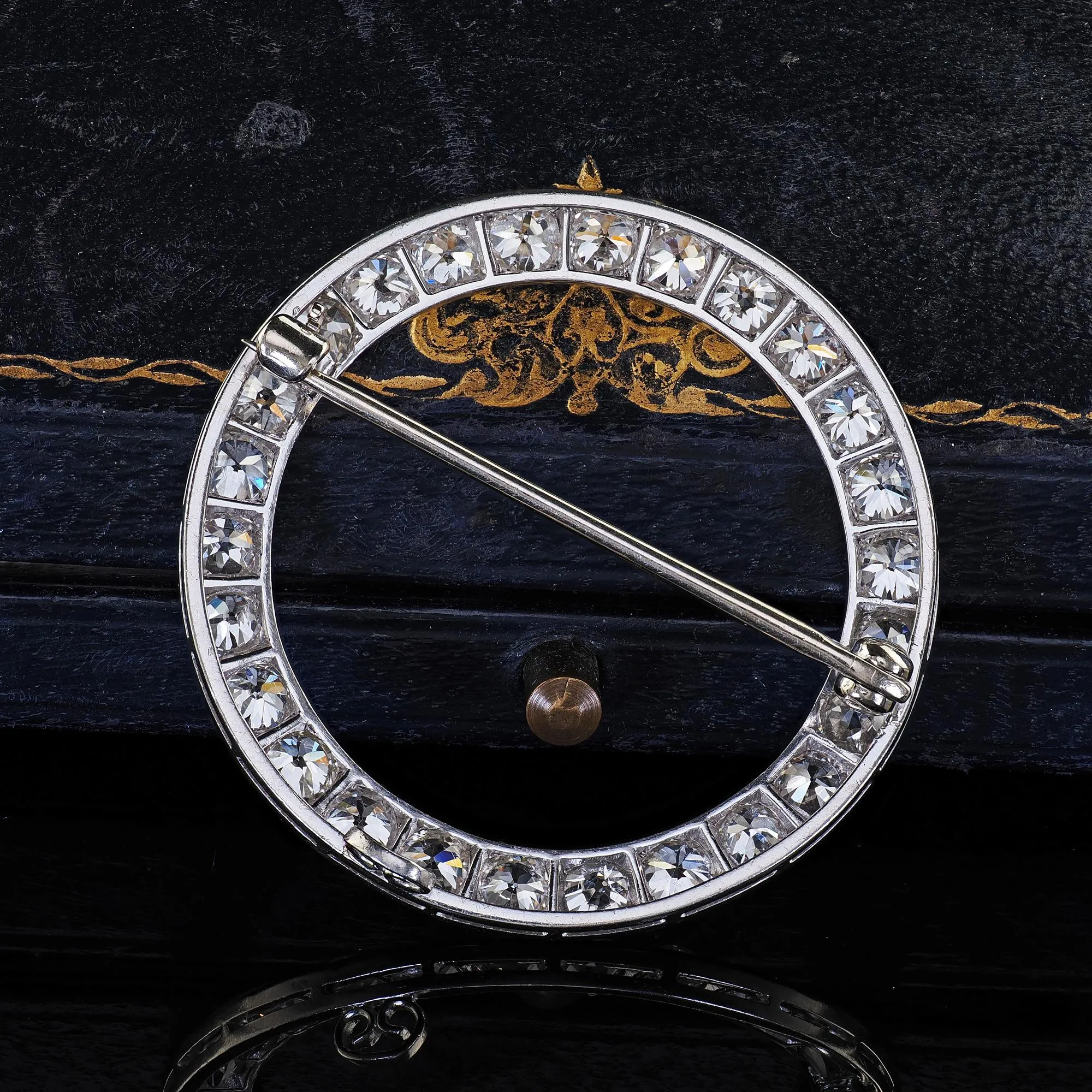 Antique Art Deco Platinum Old European Cut Diamond Circle Pin Brooch