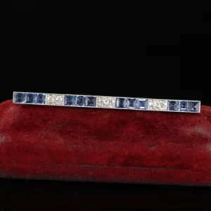 Antique Art Deco Platinum Yogo Gulch Sapphire Old Euro Diamond Bar Pin - GIA