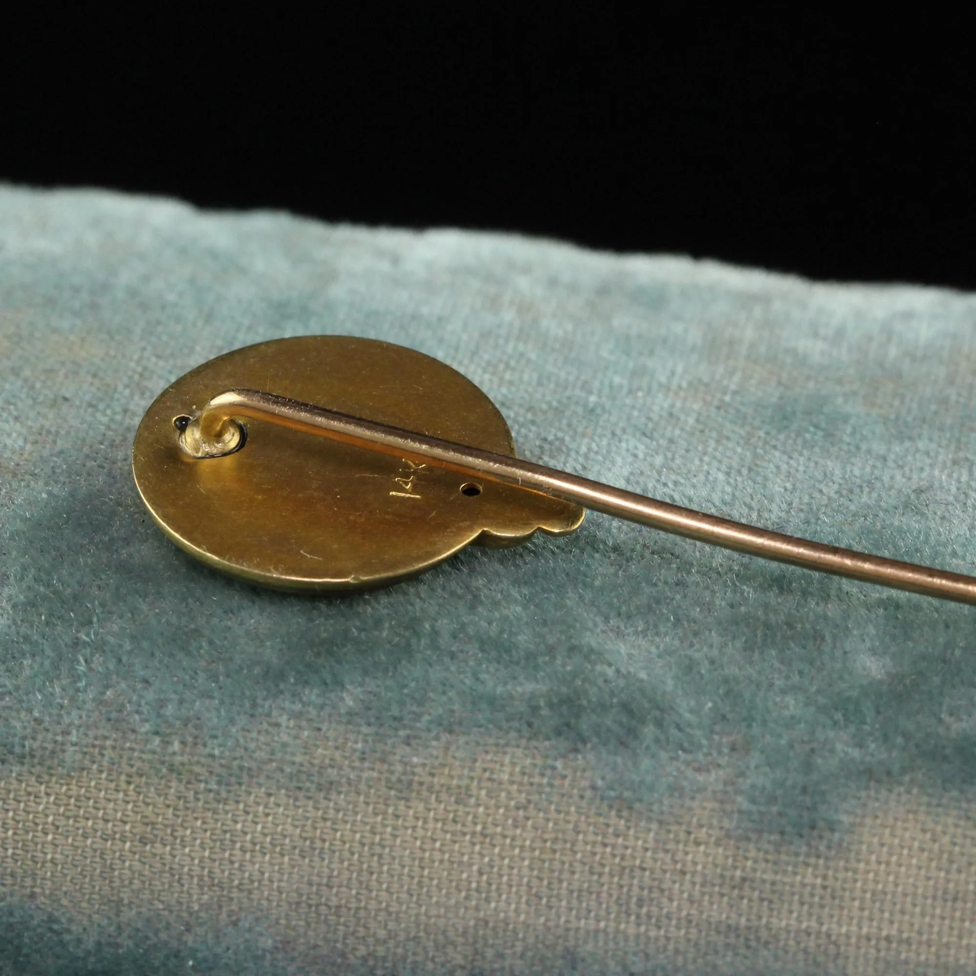 Antique Art Nouveau 14K Yellow Gold Diamond Demantoid Enamel Lady Stick Pin