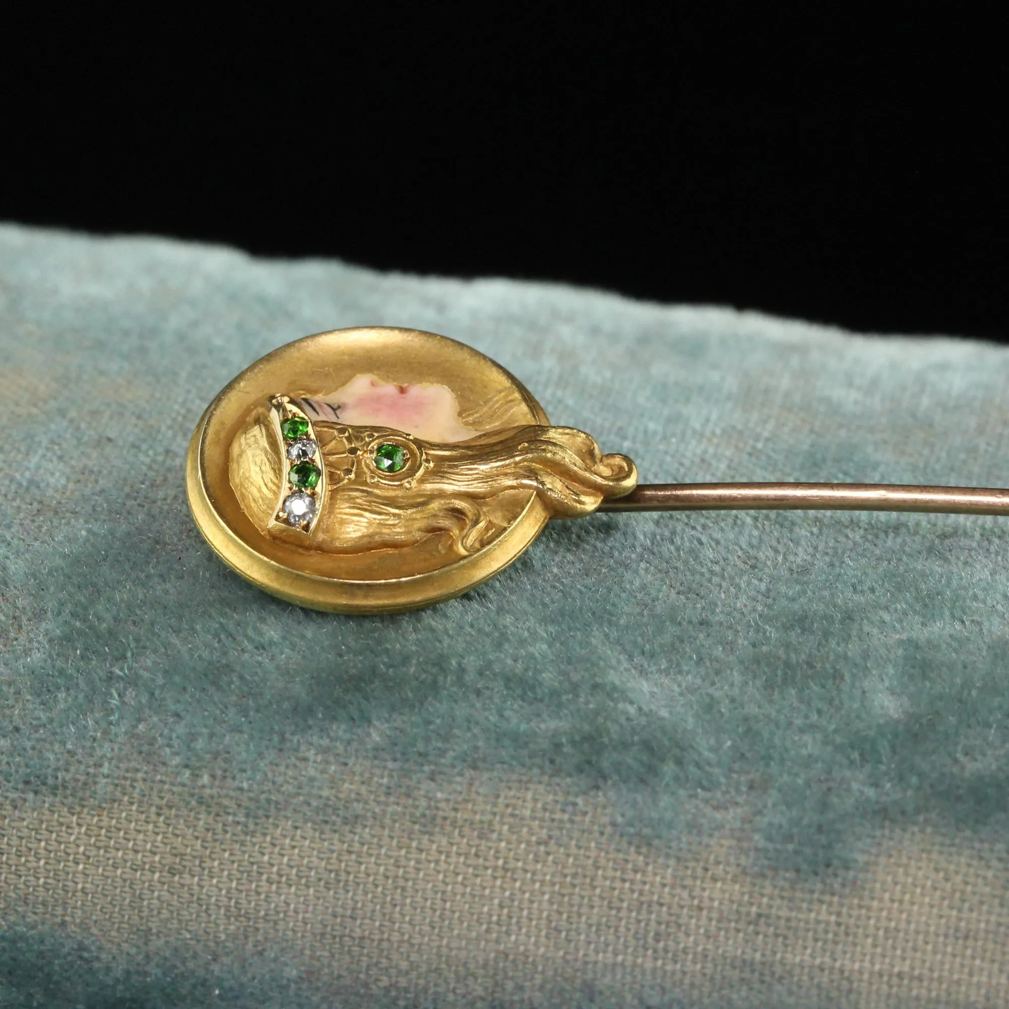 Antique Art Nouveau 14K Yellow Gold Diamond Demantoid Enamel Lady Stick Pin