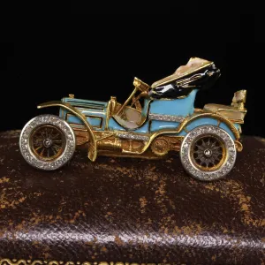 Antique Art Nouveau French 18K Yellow Gold Old Cut Diamond Enamel Buggy Car Pin