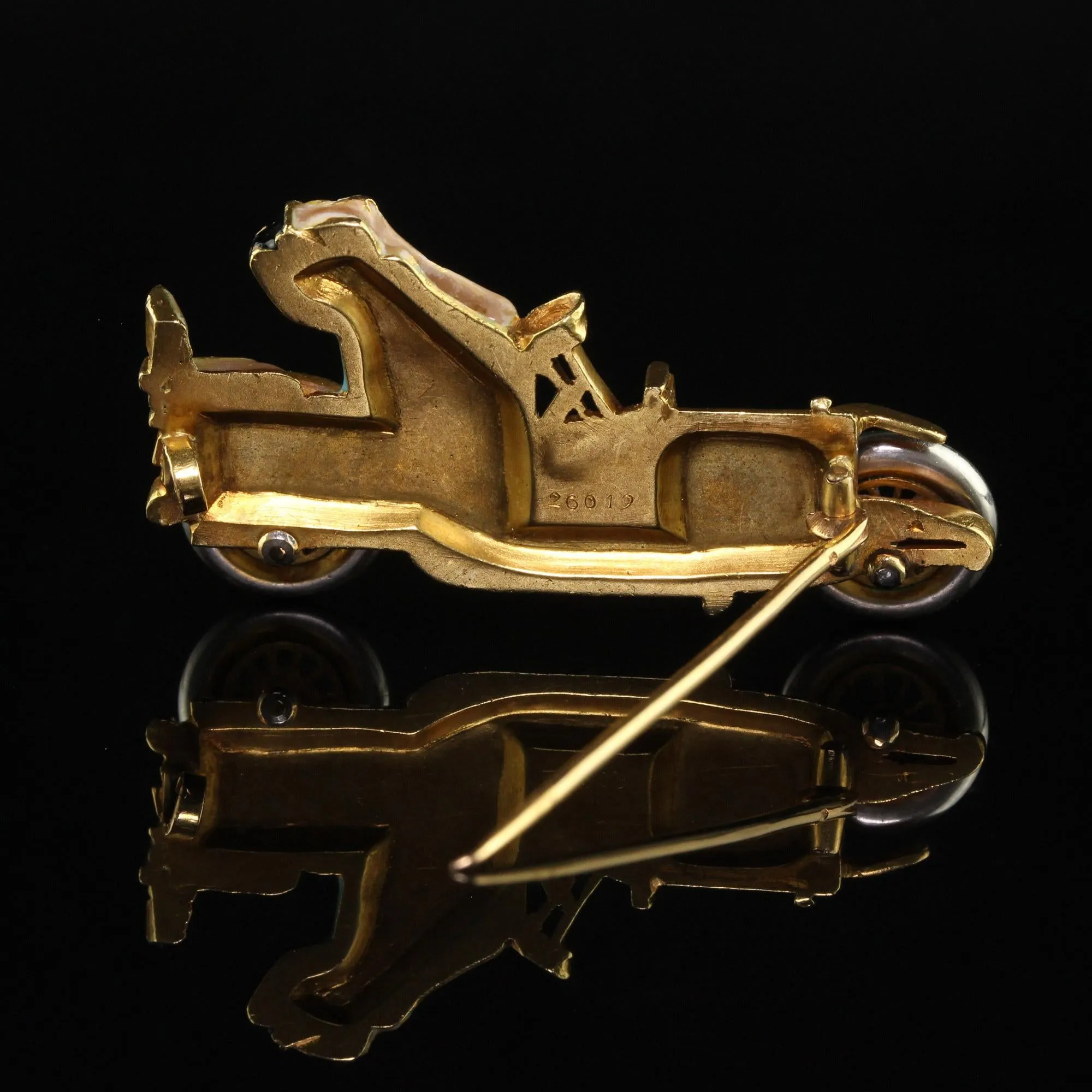 Antique Art Nouveau French 18K Yellow Gold Old Cut Diamond Enamel Buggy Car Pin