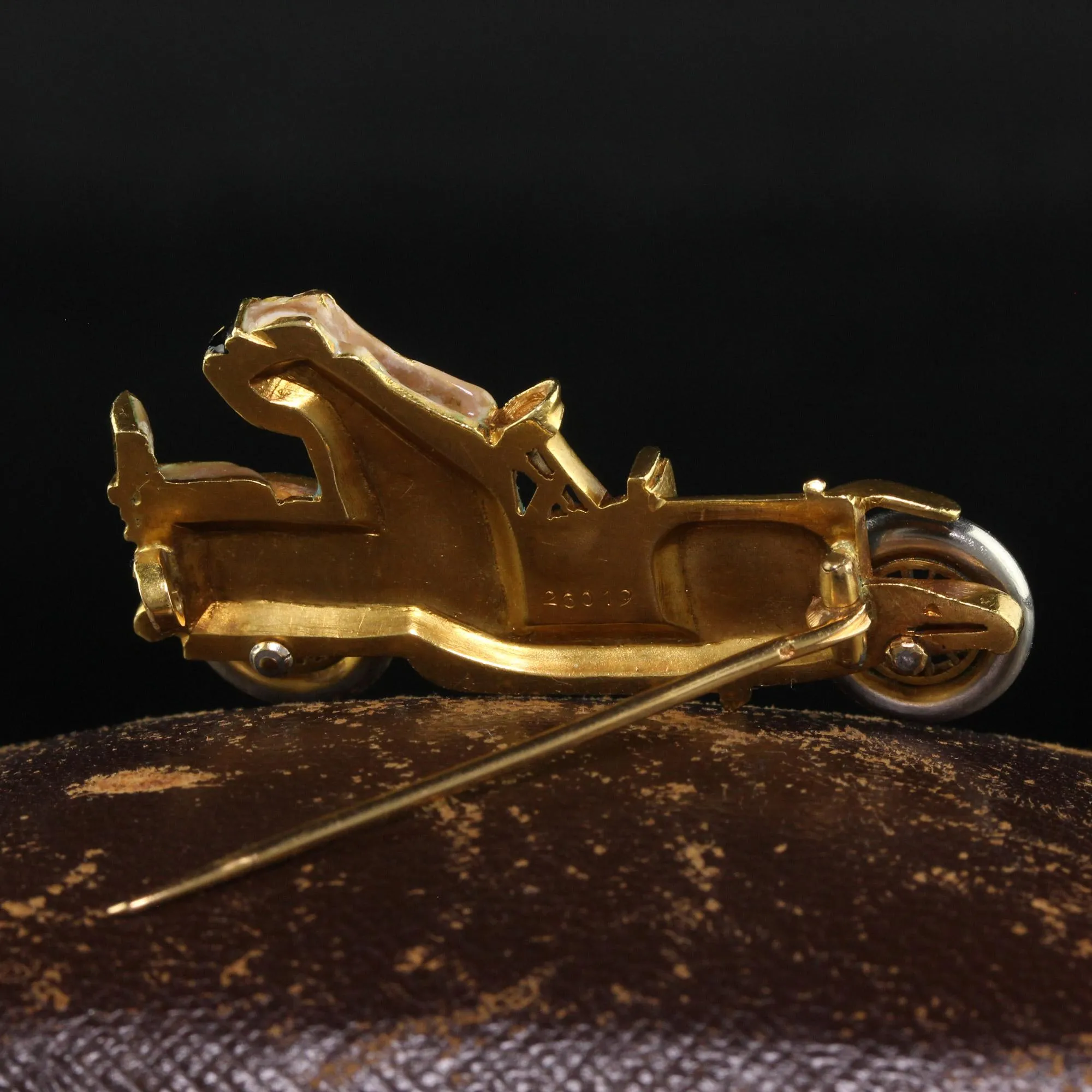 Antique Art Nouveau French 18K Yellow Gold Old Cut Diamond Enamel Buggy Car Pin