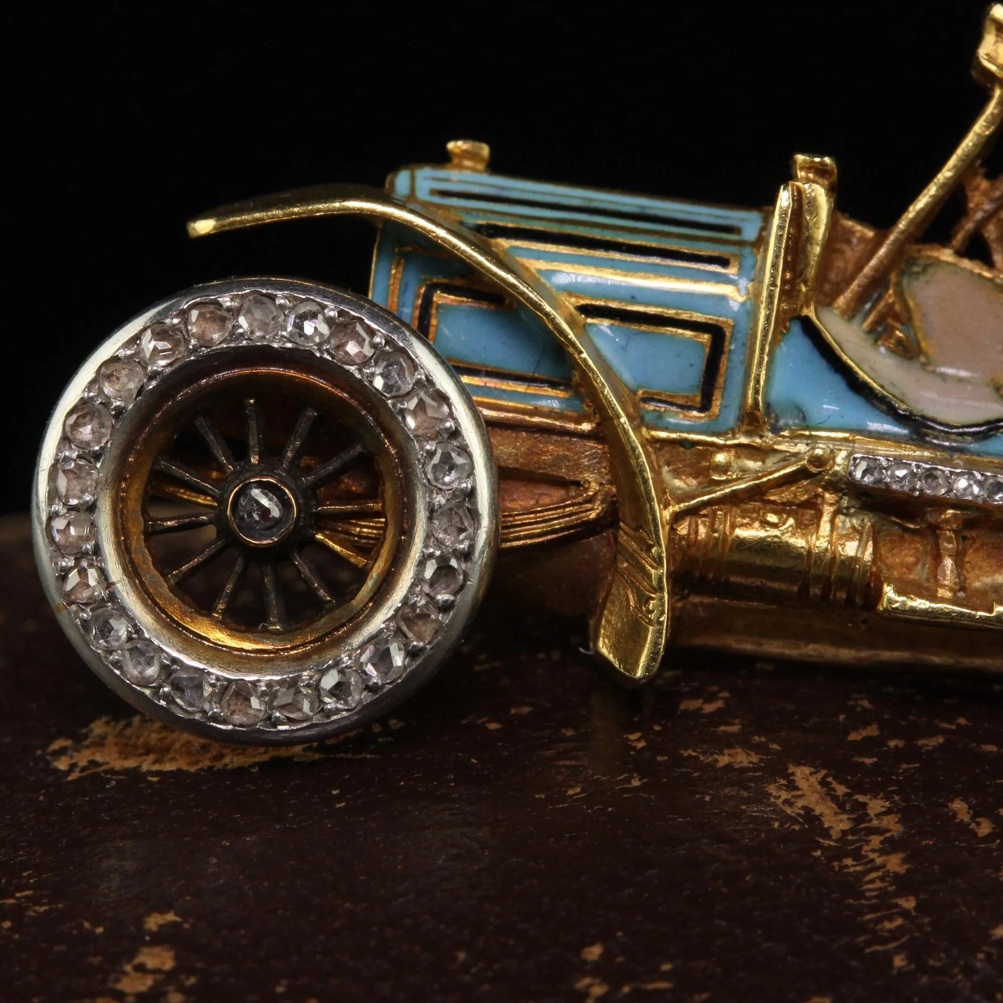 Antique Art Nouveau French 18K Yellow Gold Old Cut Diamond Enamel Buggy Car Pin