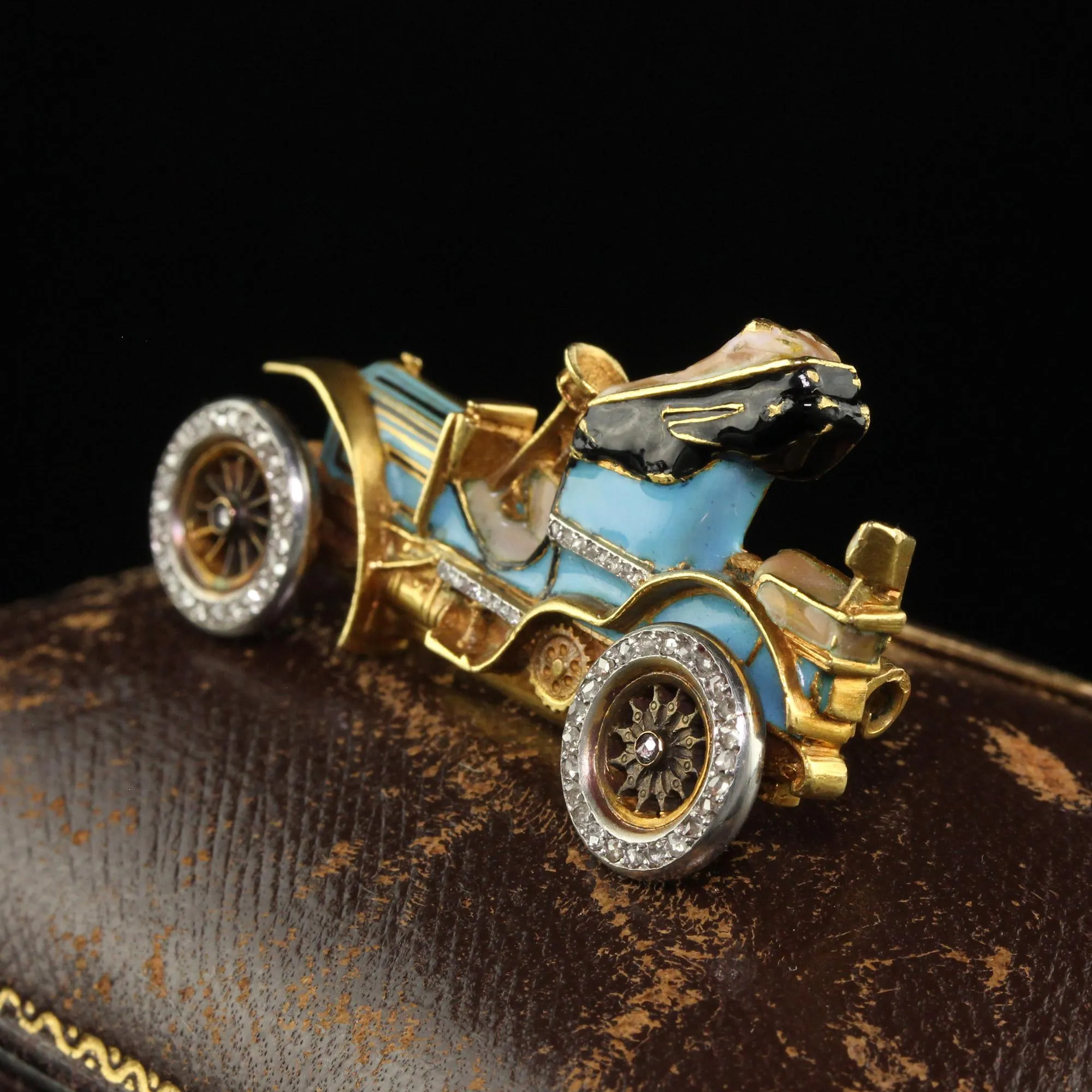 Antique Art Nouveau French 18K Yellow Gold Old Cut Diamond Enamel Buggy Car Pin