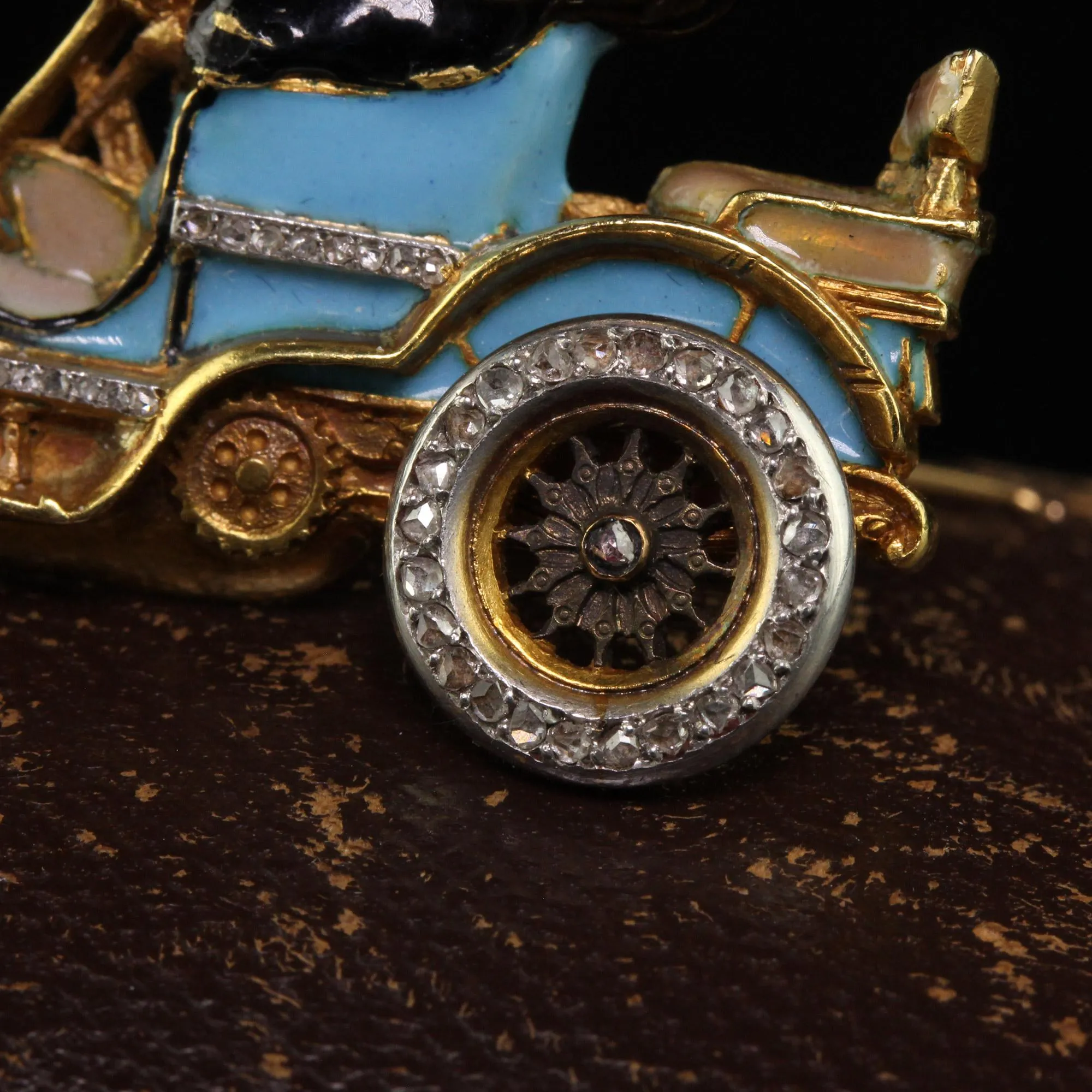 Antique Art Nouveau French 18K Yellow Gold Old Cut Diamond Enamel Buggy Car Pin