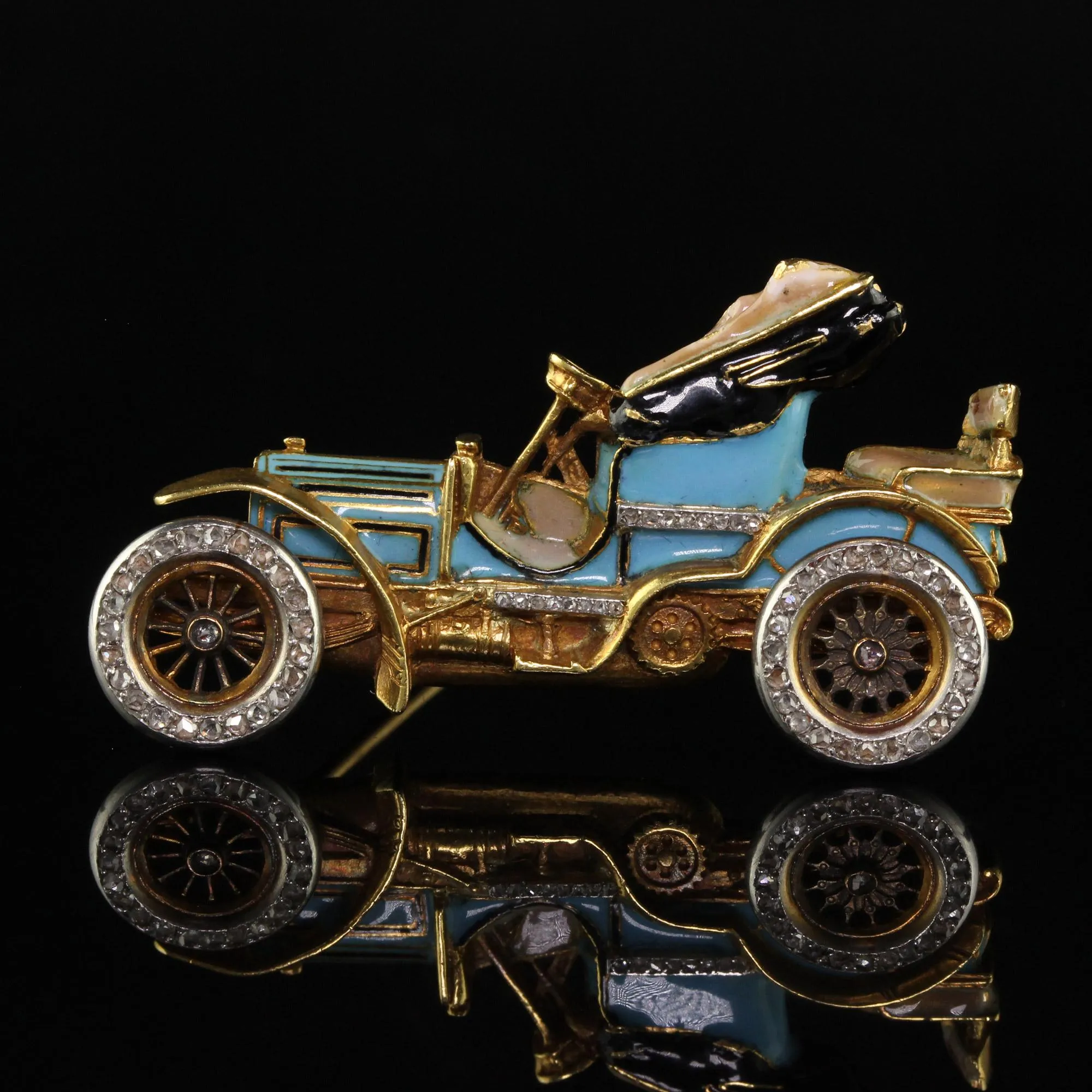 Antique Art Nouveau French 18K Yellow Gold Old Cut Diamond Enamel Buggy Car Pin
