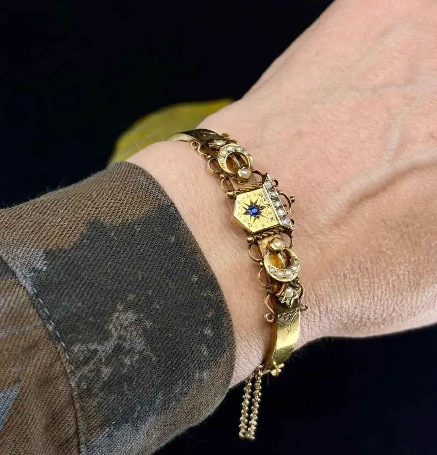 Antique Australian Willis and Sons Diamond, Pearl and Sapphire Bangle