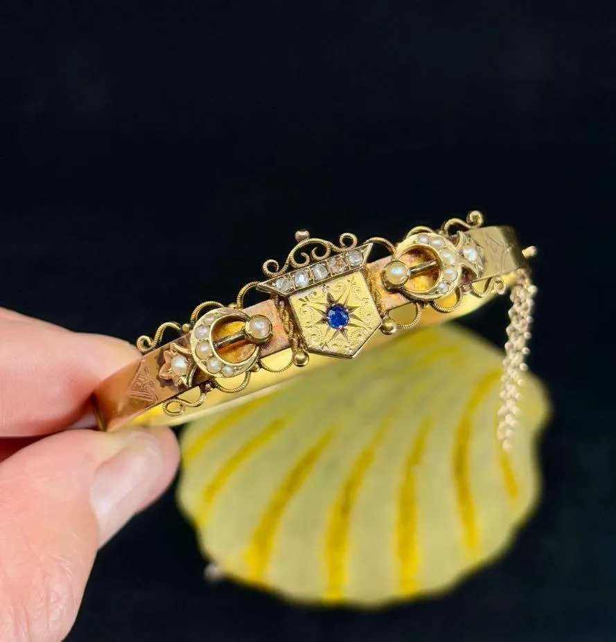 Antique Australian Willis and Sons Diamond, Pearl and Sapphire Bangle