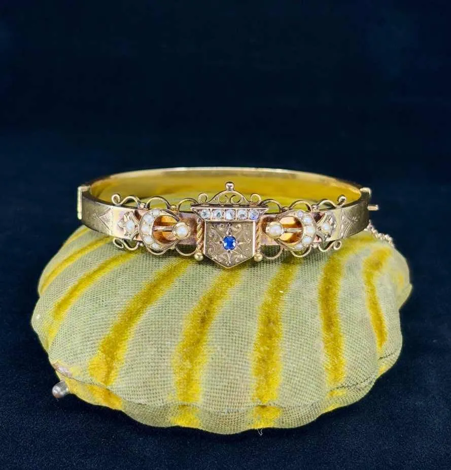 Antique Australian Willis and Sons Diamond, Pearl and Sapphire Bangle
